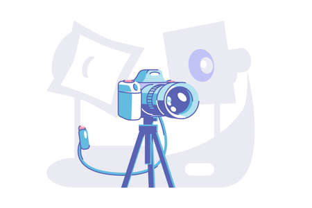 Preparation for professional photoshoot vector illustration. Camera standing on tripod flat style....