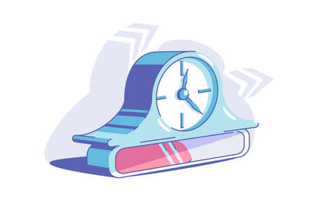 Blue bracket clock vector illustration. Clock as symbol for progress flat style. Arrows on dial show...