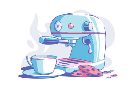 Electrical coffee machine vector illustration. Cup of hot aromatic coffee and biscuits flat style. Good morning and breakfast concept. Isolated on white backgroundのイラスト素材