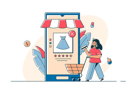 Woman shopping online on smartphone appのイラスト素材