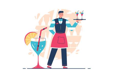 Professional waiter holding tray with drinksのイラスト素材