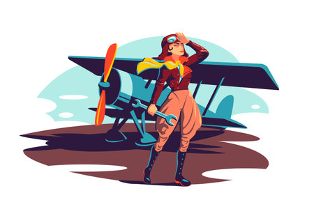 Female aviator holding wrench instrumentのイラスト素材