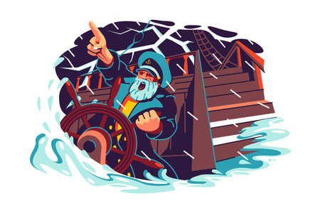 Captain standing at helm of boatのイラスト素材