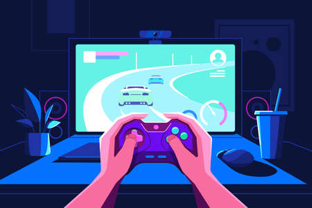 Gamer hands holding console in front of screenのイラスト素材