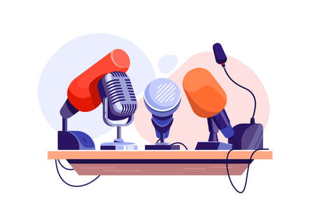 Press conference with microphone on tribuneのイラスト素材