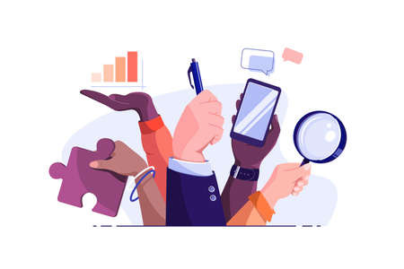 Peoples hands holding different toolsのイラスト素材