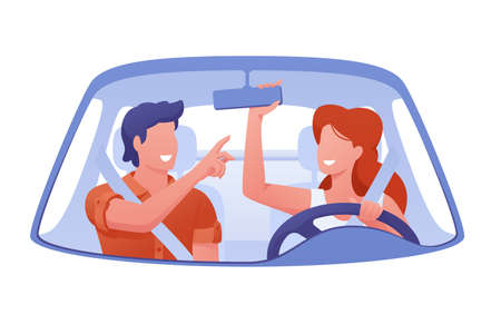 Man and woman ride on trip in car laughingのイラスト素材