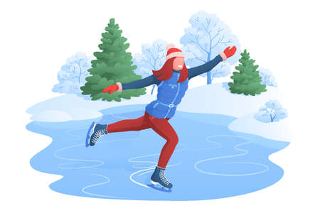 Happy woman skating on rink, winter funのイラスト素材