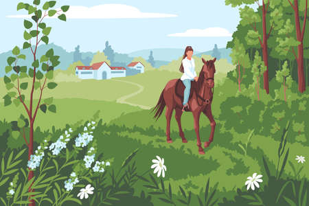 Girl horseback riding bay horse in natureのイラスト素材