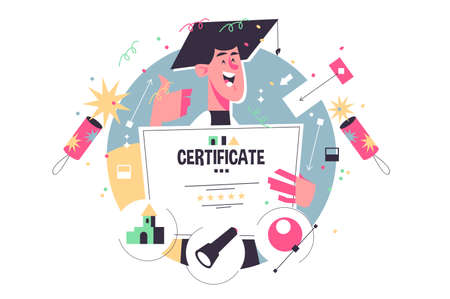 Guy with certificate after online schoolのイラスト素材