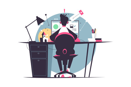 Guy student sit at desk and studyのイラスト素材