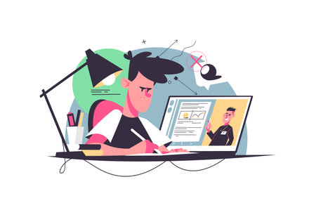 Student writes homework at deskのイラスト素材