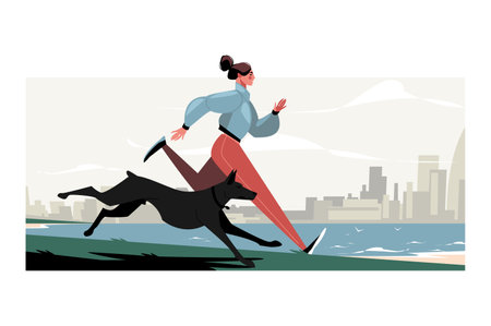 Girl and her dog jogging in morning past lakeのイラスト素材