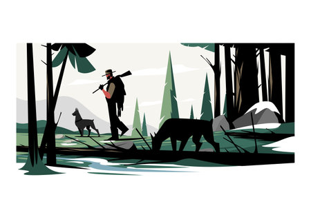 Man hunter with gun on hunting with dogsのイラスト素材