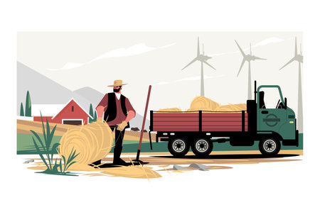 Man farmer getting round bales of hay in truckのイラスト素材