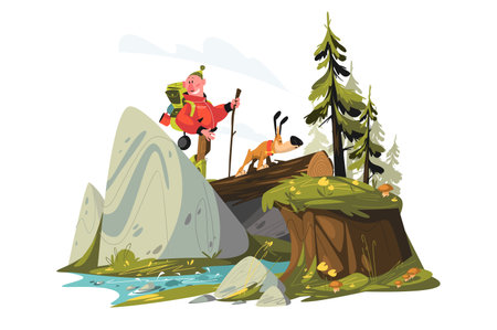 Man tourist travelling with dog in mountainsのイラスト素材