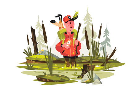 Male tourist with dog getting lost on swampのイラスト素材