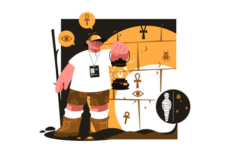 Guy in ancient tomb or sepulcher with treasuresのイラスト素材