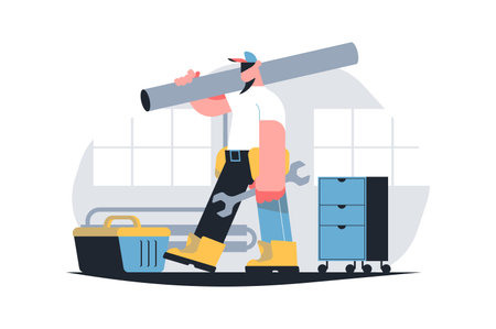 Mechanic character holding wrench and plastic pipeのイラスト素材