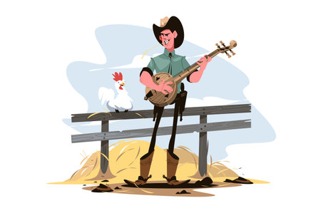 Guy cowboy playing on banjo, wild westのイラスト素材