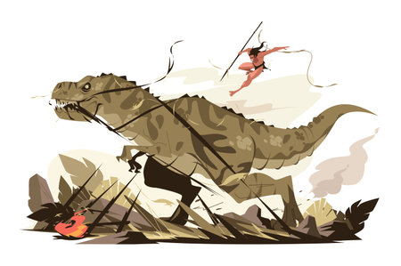 Warrior fighting with dinosaurのイラスト素材