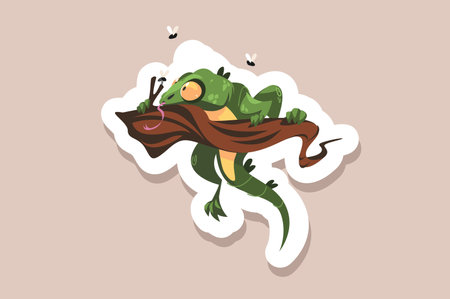 Cute green chameleon sitting on tree branchのイラスト素材