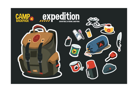 Hiking backpack and camping stickersのイラスト素材