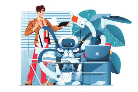 Robot helps human to do work, vector illustration.のイラスト素材