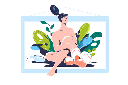 Woman sits in leafs and flowers in picture frameのイラスト素材