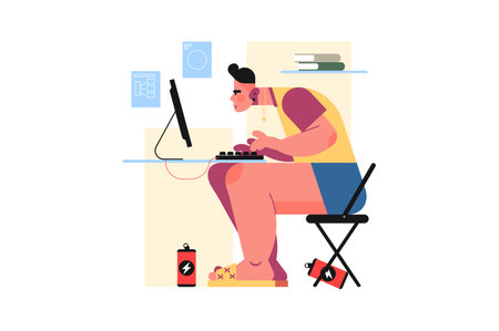 The guy sitting by computer with focused interestのイラスト素材