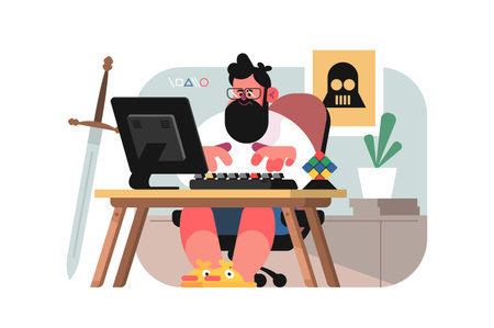 Man with Computer and Sword at Deskのイラスト素材