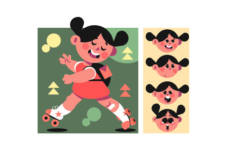 Girl Roller Skating with Different Emotionsのイラスト素材