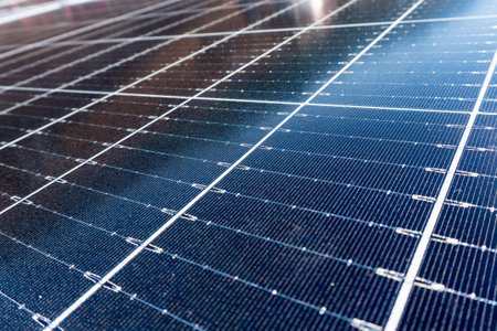 Horizontal close-up of photovoltaic solar panel, to generate your own clean and green energy.の写真素材