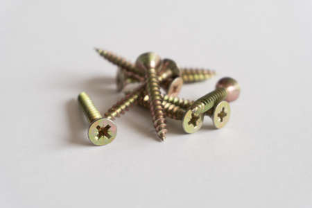 wood screws on a white backgroundの写真素材