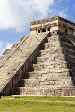 Close-up of the stairs of the Mayan temple of Chichen Itza, in Mexico. Travel concept. Mayan pyramids in Yucatan, Mexicoの写真素材