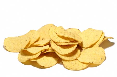 Bunch of nacho chips on white backgroundの写真素材