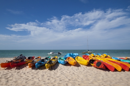 Kayaks lined up on beach in Western Australiaのeditorial素材