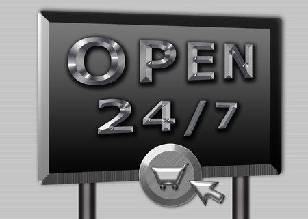 3D Online web shopping cart sign open 24 - 7 in brushed metal