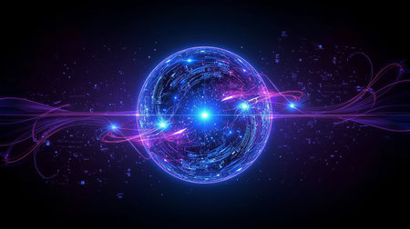 Futuristic technology wave background design with glowing lines. Vector illustrationの素材