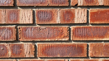 Close-up view of a red brick wall featuring weathered surfaces, pronounced mortar lines, and varied...
