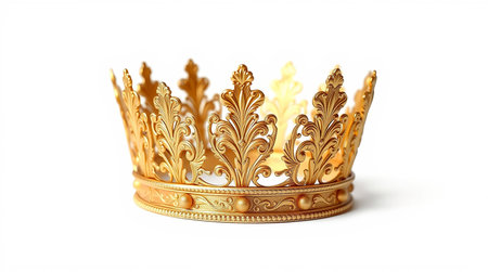 A gold crown with intricate details and ornate designs is isolated against a clean and pure white background, with the crown's gold surface reflecting a subtle sheen and its edges slightly rounded, the overall aesthetic is one of luxury and royalty, with the white backdrop providing a neutral and minimalist contrast to the crown's ornateness, the lighting is soft and even, accentuating the crown's textures and contours, and the composition is tightly framed around the crown, emphasizing its centrality and majesty.の素材