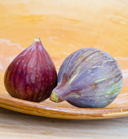 Two figs on terracotta dishの写真素材