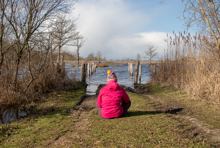 Girl with pink coat sitting in front of a lake in a natural park on sunny dayの写真素材