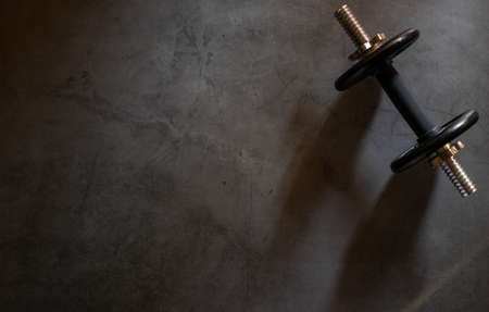 Top view of dumbbell with two iron plates on a concrete surface. Background with empty space.の写真素材