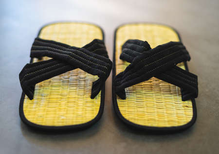 Pair of traditional zori shoes from japan. Front view of bamboo sandals.の写真素材
