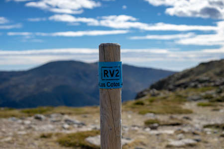 Madrid, Spain, 11/01/2020: Milestone marking the way on the route to Cotos in the Sierra de Guadarrama of Madridの写真素材