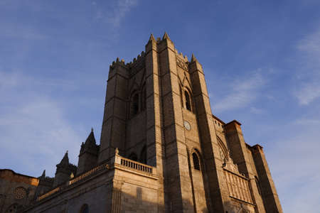 Front of cathedral of Avila with blue skyの写真素材
