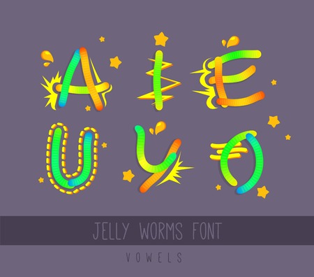 Jelly worms cartoon font. Vowels. Colorful elements. Vector illustration. Design for kidsのイラスト素材