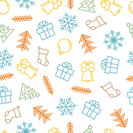 Christmas background with outline elements. Winter vector seamless background.のイラスト素材