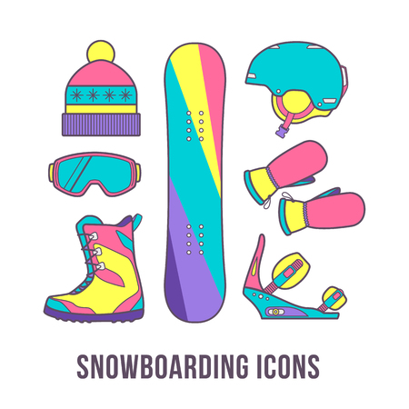 Basic equipment for snowboarding. Set of snowboarding icons in a vibrant, youth style.のイラスト素材